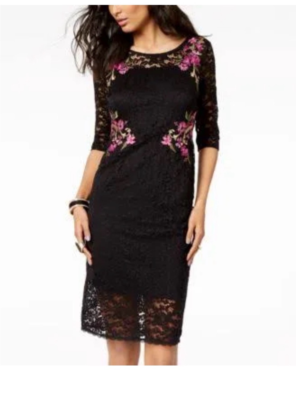Thalia Sodi Black Lace Midi Dress with Pink Floral Embroidery